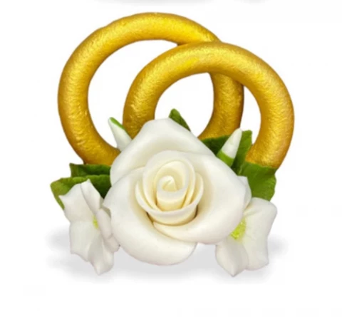 Цукрова прикраса золоті обручки з трояндою білою