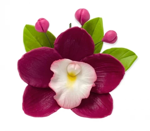 Сахарное украшение Орхидея с листочками бордовая