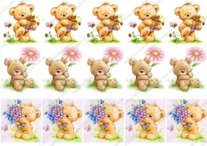 Вафельна картинка для топерів та пряників Ведмедик з квітами