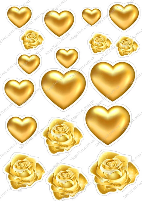 Вафельна картинка для топерів та пряників Серця золоті