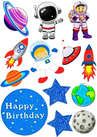 Вафельная картинка для топперов и пряников Космонавты Happy Birthday